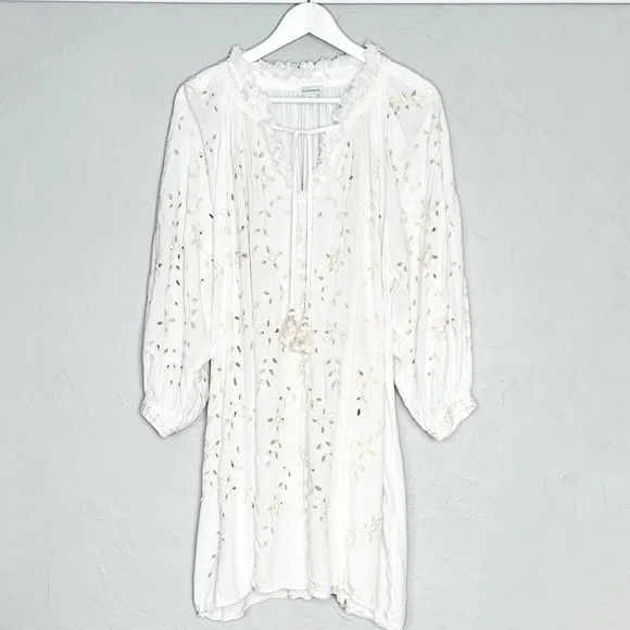 Sundance Trisha Eyelet White Fringe Trim V-Neck Tassel Tie CoverUp Dress Medium - Picture 2 of 11